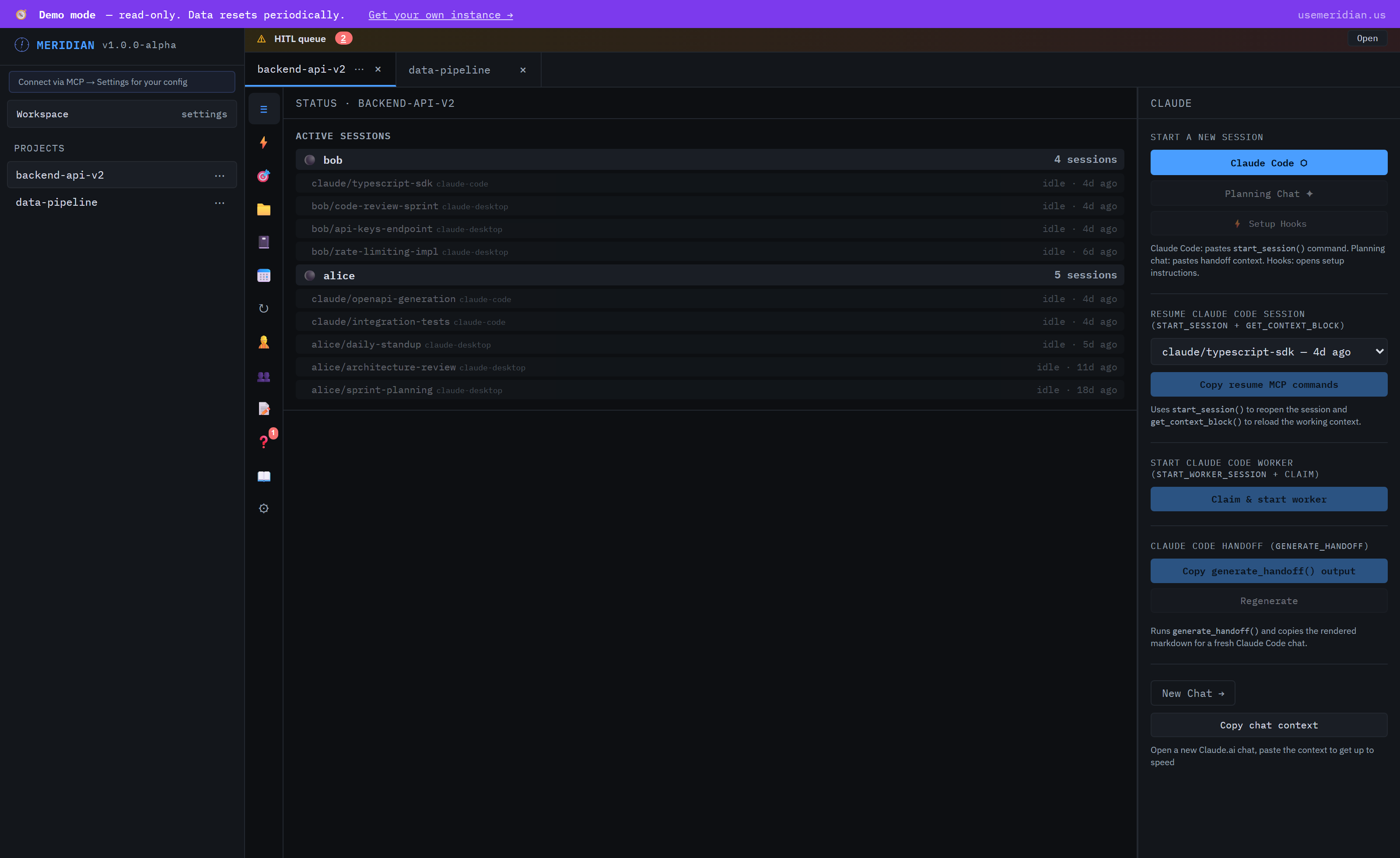 Meridian dashboard: two project tabs open, a pending HITL request in the queue, and active Claude sessions for two developers running in parallel